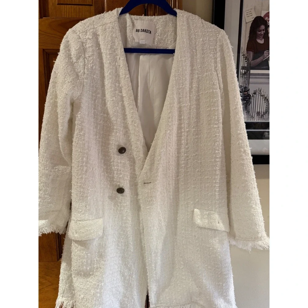 BB Dakota Tweed Coat Cream Frayed Edge Jacket Long Blazer Womens Medium - Picture 4 of 9